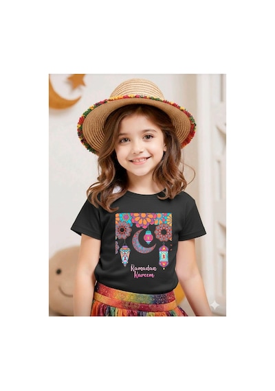 Stil-x Ramazan Bayramı Baskılı Kız Çocuk Tshirt, %100 Pamuklu Kumaş Siyah-25