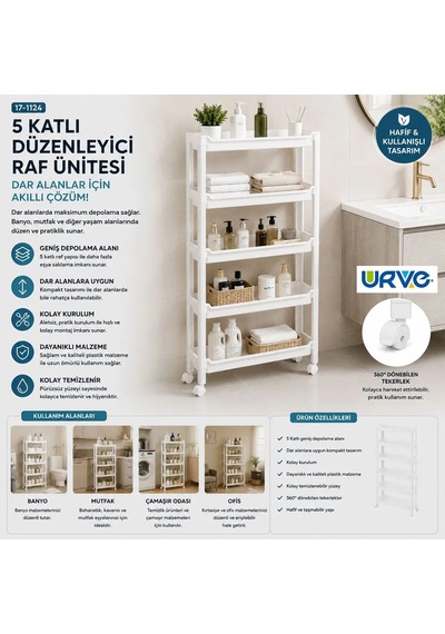 5 Katlı Tekerlekli Sepet Organizer Raf Ünitesi 465x145x850 Mm Diğer