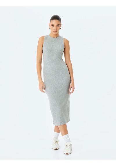 Koton Bisiklet Yaka Kolsuz Slim Fit Midi Kalem Elbise Gri 5sak80006ek Gri
