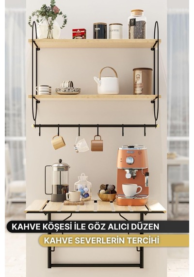 Tr Modern Kahve Köşesi 3'lü Set, Ahşap Vernikli Duvar Rafı, Metal Askılık, Katlanabilir Mutfak Masası, Siyah Genel