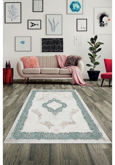 Pelangi Yeşil Çerçeve Osmanlı Motifler Yıkanabilir Kaymaz Taban Leke Tutmaz Modern Salon Halısı Ve Yolluk, Yeşil 80 X 200