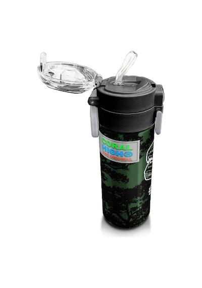 Coral High Kids Koyu Yeşil Siyah Dinozor Desenli Pipetli Ve Direkt İçim Çelik Termos 500 Ml 31934 Yeşil - Turuncu