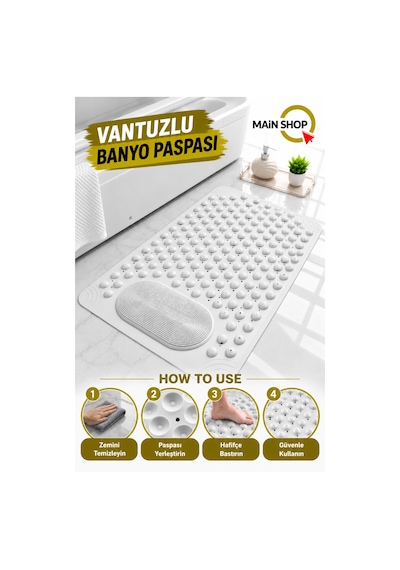 Vantuzlu Banyo Ve Duşakabin Kaydırmaz Paspas, Küvet İçi Masaj Matı 36x69.5 Cm M-162 Beyaz