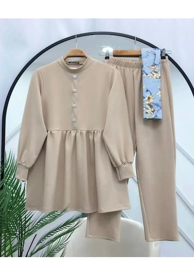 Lovie Moda Kadın Taş Düğmeli İkili Takım Bej