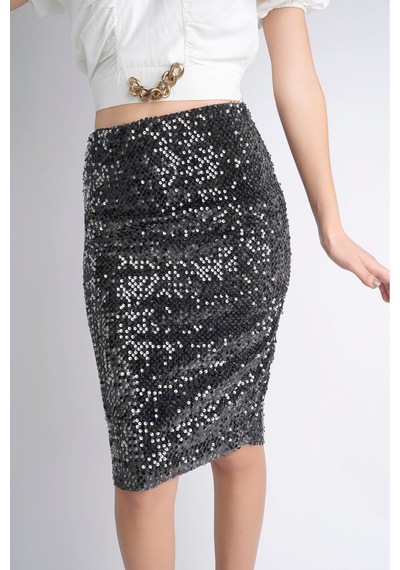 Sermoda Pullu & Astarlı Diz Altı Kalem Etek - 60 Cm Uzunlukta Abiye Etek Likralı & Esnek Pullu Etek Gri Sermoda Pullu & Astarlı Diz Altı Kalem Etek - 60 Cm Uzunlukta Abiye Etek Likralı & Esnek Pullu Etek Gri