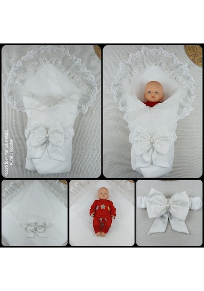 Bebek Dış Kundak Battaniyesi Dantelli Lüks Bebek Kundağı Unisex Hastane Çıkışı Mevlütlük Battaniye Ekru