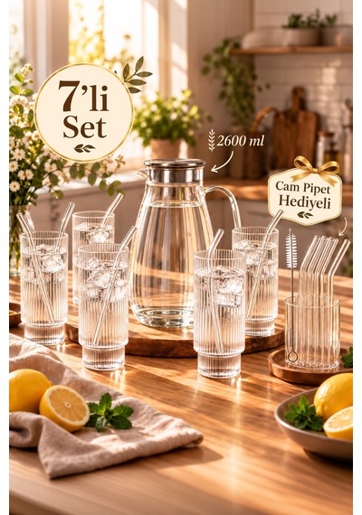 Porsima Borosilikat Metal Kapaklı Çizgili Cam Sürahi Ve 6'lı Meşrubat Bardak Seti 2600 Ml Sürahi + 6x250 Ml Bardak + Cam Pipet Hediyeli