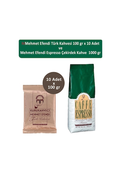 Kurukahveci Mehmet Efendi Türk Kahvesi 10 x 100 G + Espresso Çekirdek Kahve 1 KG