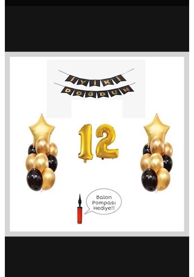 12 Yaş - Altın Gold Folyo Balon Parti Seti + Balon Pompası