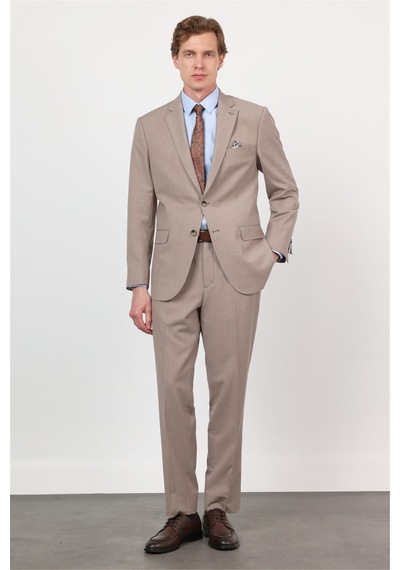 İmza Bej Mono Yaka 4 Drop Comfort Fit Tam Astar Esnek Takım Elbise 1001260168 Koyu Bej