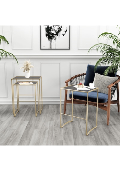 Retro 3 Lü Zigon Füme Camlı Gold Sehpa, Metal Sehpa, Salon, Yatak Odası, Antre Altın