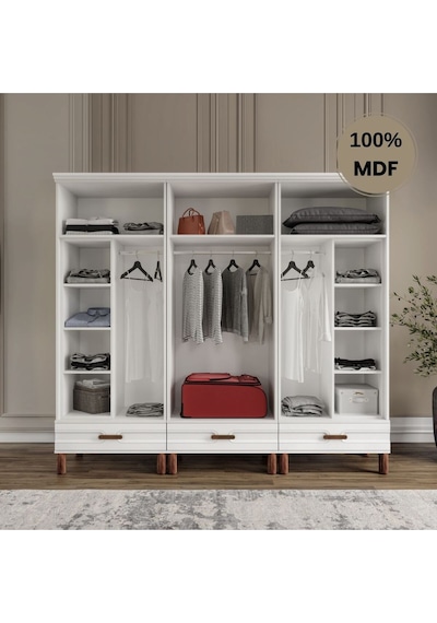 Zen 6 Kapak Ayaklı Tasarım Country Mdf Gardırop Beyaz
