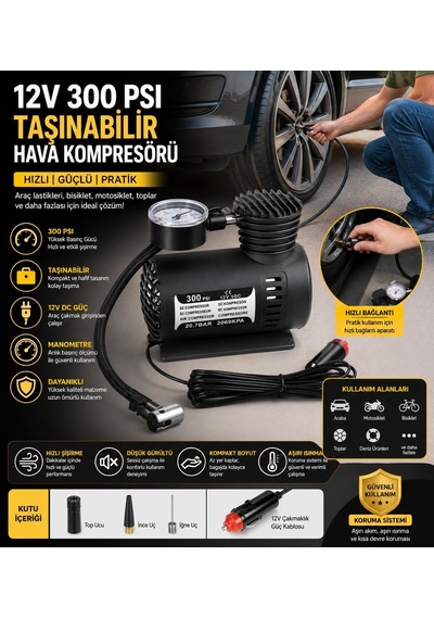Taşınabilir Hava Kompresörü 12v 300 Psı Taşınabilir 12v 300 Psı