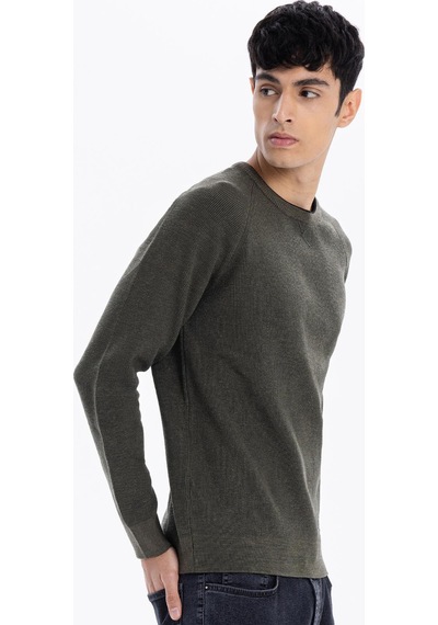 Gmg Fırenze Zr24mfw04051 Haki Erkek Bisiklet Yaka Fitilli Desenli Slim Fit Triko Kazak
