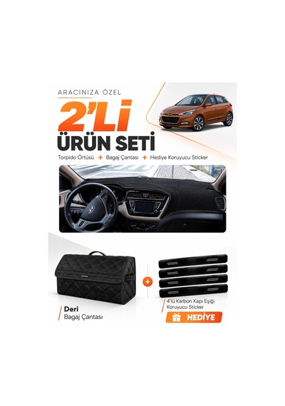 Hyundai İ20 2014-2020 Uyumlu Torpido Örtüsü + Deri Bagaj Çantası + Sticker Seti - Siyah