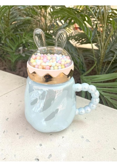 Tavşan Kapaklı Ponpon Kupa Mug Mavi