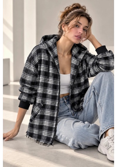 Bb Butik Basic Kapüşonlu Fermuarlı Oversize Ekose Oduncu Gömlek Ceket Kadın Rahat Mevsimlik Günlük Tr0935 Siyah