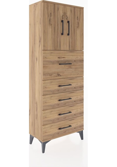 Arges Dolap 2 Raflı 5 Çekmeceli 2 Kapaklı 60x30x163 Çam-çam Çam