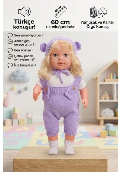 Konuşan Bebeğim 60 Cm Türkçe Konuşan Örgü Tulum Ve Şapkalı Kafası Bacakları Kolları Et Oyuncak Bebek 46900356