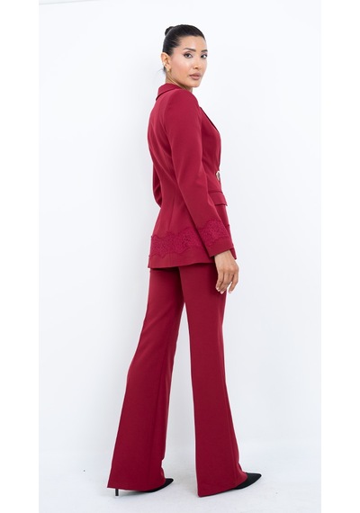 Dorne Moda Kadın Dantel Detaylı Gold Düğmeli Blazer Ceket Pantolon İkili Takım Bordo