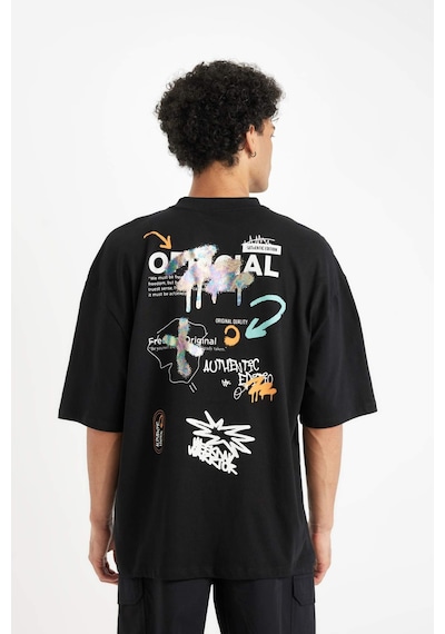 DeFacto %100 Pamuk Siyah Loose Fit Bisiklet Yaka Sırt Baskılı Kısa Kollu Tişört B8949AX24AUBK81