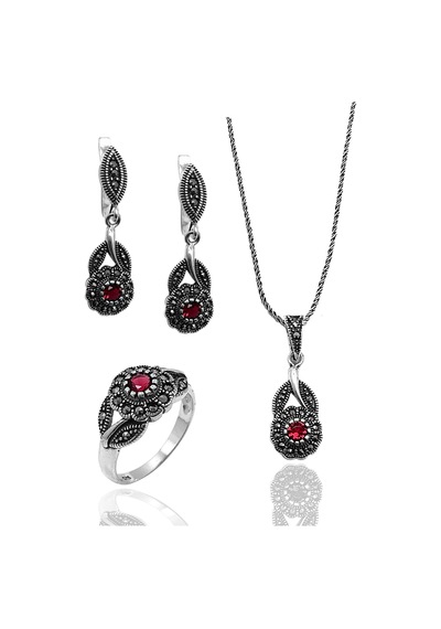 Midyat Nurtaş Gümüş Pembe Zirkon Taşlı Çiçek Model Markazit Gümüş Takı Seti 201022243