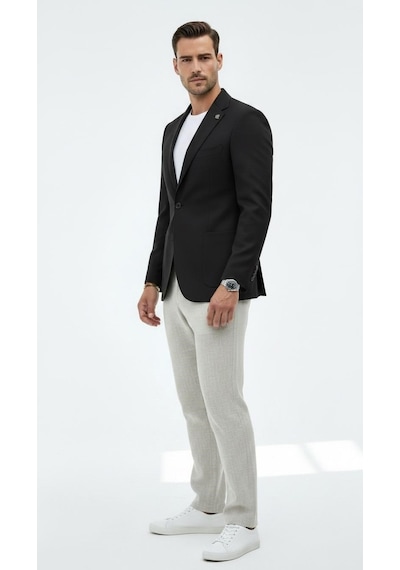 Plus Scorpion Ck089 Erkek Slim Fit Blazer Ceket Tek Düğmeli Çift Yırtmaçlı Torba Cepli Yarım Astarlı Siyah