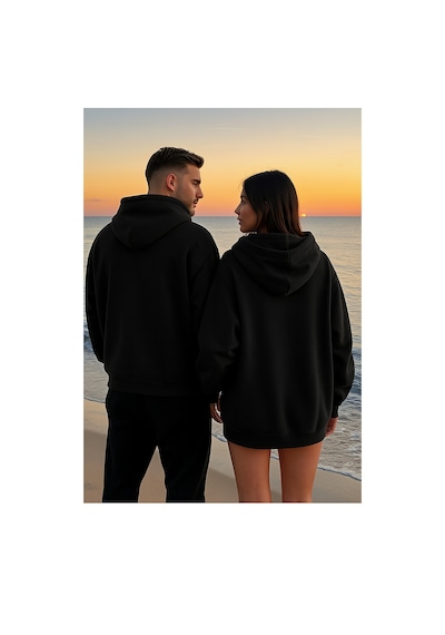 Nevermind Sevgili Kombini Oversize Hoodie Güneş Ve Ay Baskılı 3 İplik Uni Siyah