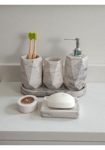 Mermer Desenli Beton Banyo Seti,sıvı Sabunluk ,diş Fırçalığı,kulak Çubukluğu,katı Sabunluk Ve Mumluk Gri