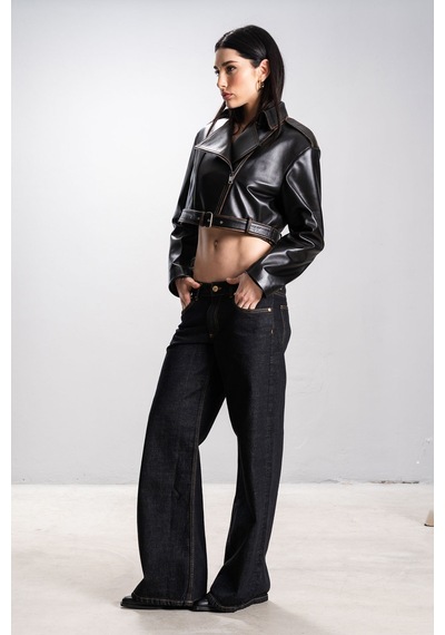 Dericlub Lenora Kadın Silme Cropcut Biker Hakiki Deri Mont Siyah/taba Siyah