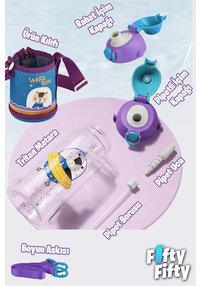 700 Ml Büyük Boy Kılıflı 2 Ayrı Kapaklı Pipetli / Pipetsiz Tritan Su Matarası Mor-yavruağzı