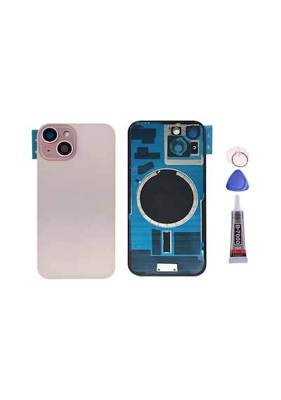 Apple Uyumlu iPhone 15 Pembe Full Nfc Ve Demirli Arka Kapak Batarya Kapağı Pil Kapağı Yapışkan Ve Sökme Aparatıyla Beraber Full Set Pembe