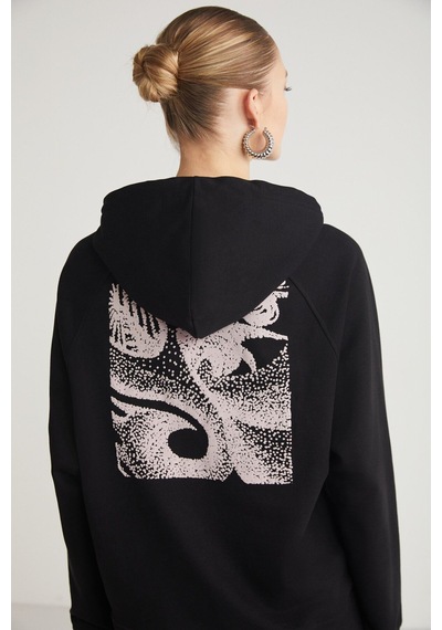 Ethıquet Glace Kadın Ön Ve Arka Baskı Detaylı Kapüşonlu Regular Fit Normal Kalıp Siyah Sweatshirt