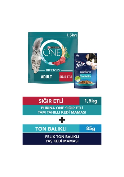 Purina One Sığır Etli Yetişkin Kedi Maması 1500 G + Pouch Ton Balıklı Yetişkin Kedi Konservesi 85 G