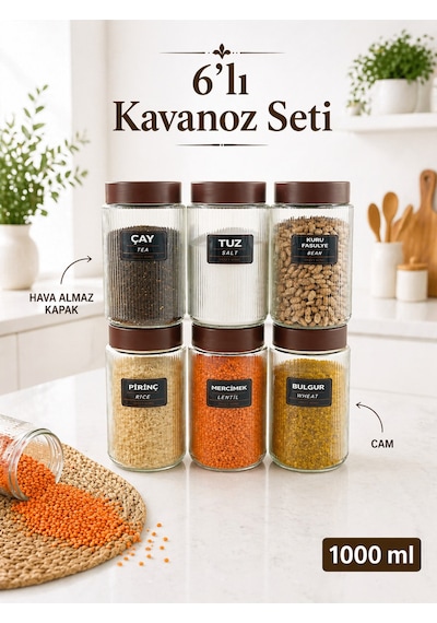 Naturelove 6 Adet Hava Almaz Kapaklı Cam Kavanoz Erzak Saklama Kabı 1000 Ml Şeffaf