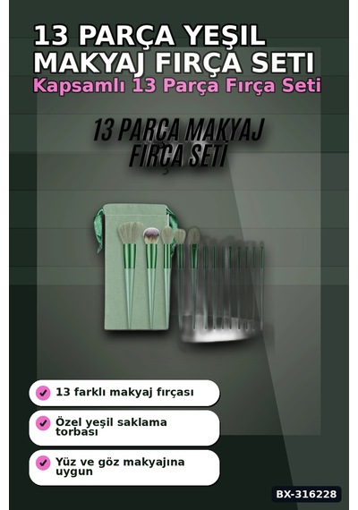 Makyaj Fırça Seti Yeşil 13 Parça Fondöten Allık Ve Far Makyaj Fırçaları Bx-316228