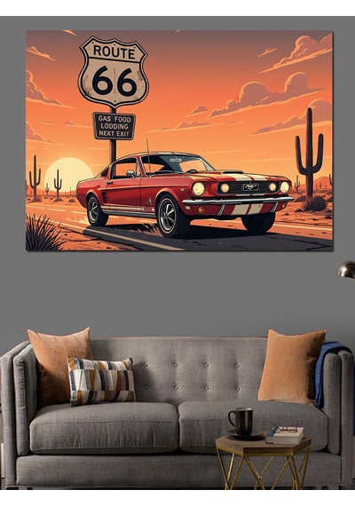 Route 66 Kırmızı Retro Araba Ve Vahşi Batı Yol Manzarası Dekoratif Kanvas - Mdf Ahşap Tablo