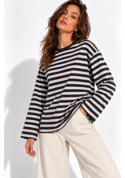 Wild Bee Kadın Açık Mavi Kahverengi Çizgili Pamuklu Bisiklet Yaka Oversize Bluz