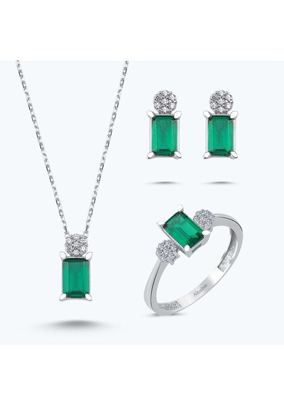Altınbaş Yeşil Taşlı Altın Üçlü Baget Set Utkvr0046-24627-set