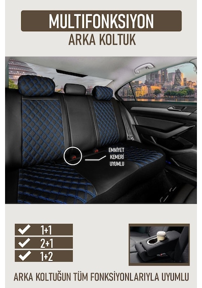 Renault Clio 3 Hatchback Yarı Deri Oto Koltuk Kılıfı Siyah Mavi Petra Serisi