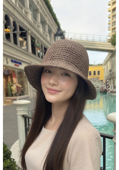Mollycrush Kadın Kahverengi Hasır Örgü Bucket Bohem Stil Plaj Ve Güneş Şapkası Kahverengi