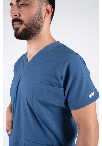 İndigo Mavi Likralı Erkek Hemşire Ve Doktor Forması Takımı Scrubs Hastane Üniforması
