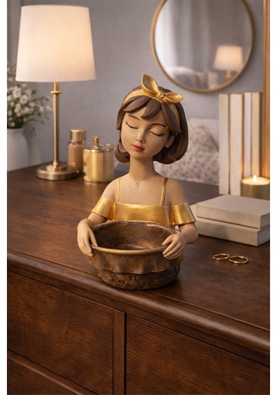El Yapımı Seramik Kız Figürlü Kase Golden Blush Bow Çok renkli