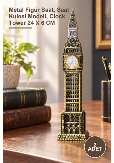 2 Adet Metal Saat Kulesi Metal Figür Saat, Saat Kulesi Modeli, Clock Tower 24 X 6 Cm