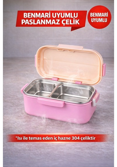 Pembe Benmarili Paslanmaz Çelik Yemek Kabı 2 Bölmeli Beslenme Kabı Saklama Kabı Lunch Box Diğer
