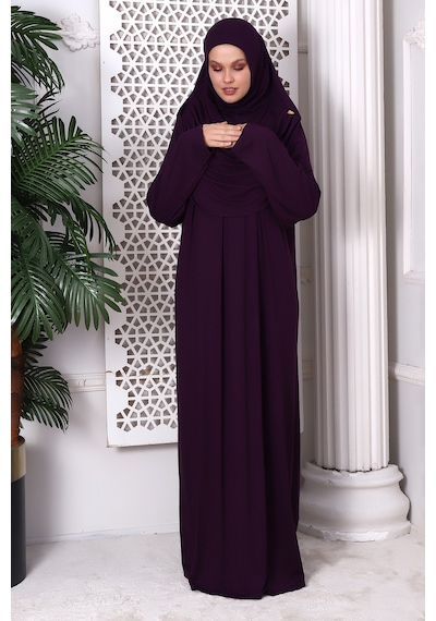 Tek Parça Pratik Başörtülü Robalı Namaz Elbisesi 8015 Mürdüm