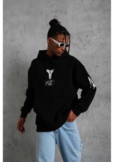 Erkek 3 İplik Pamuklu Kapüşonlu Kanguru Cepli Baskılı Oversize Hoodie Sweatshirt - Siyah