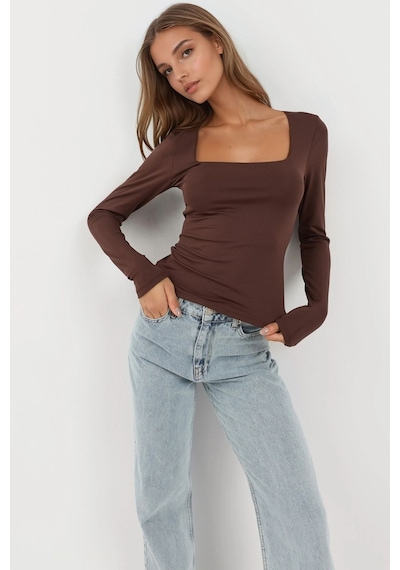 Hiccup Slim Fit Kare Yaka Esnek Üst Koyu Mocha Kahve