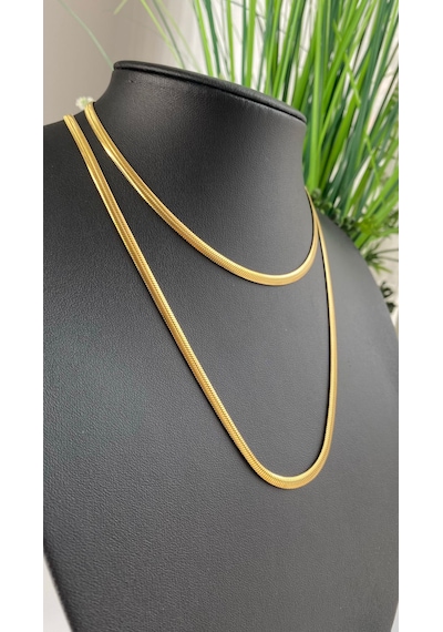 Altın / Gold Renk 80 Cm İtalyan Ezme Zincir Çelik Kolye Altın