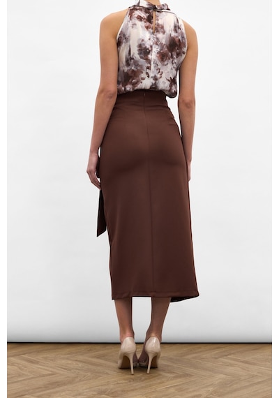 Sateen Aksesuar Kuşaklı Yırtmaçlı Etek - Kahve-136887 Kahve